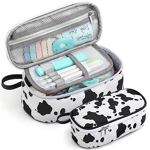 Jcocylse Estojo portátil de grande capacidade, bolsa para lápis, material escolar para estudantes universitários, meninos e adultos (vaca)