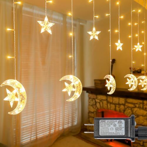 Qunlight Ramadan Decorations Curtain Lights,10.8ft 138LED Curtain Lights Outdoor Waterproof with 12 Drops, 8 Modes with Timer Connectable Fairy Icicle Light for Window Backyard Garden (Warm White)