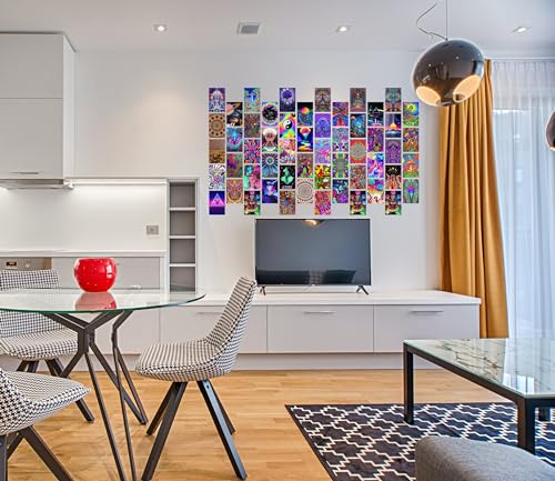 Image of Pack of 54 Psychedelic Wall Collage Kit Posters - 4 x 6 Inches Wall Decor Poster - Wall Art For Bedroom, Living room, Office - 1 Tissue Tape