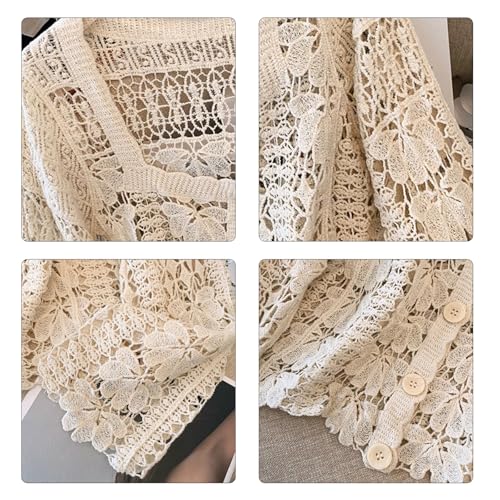 Womens Floral Lace Crochet Long Sleeve Cropped Cardigan Top Korean Styles Square Neck Button Down Mesh CoverupJackets4