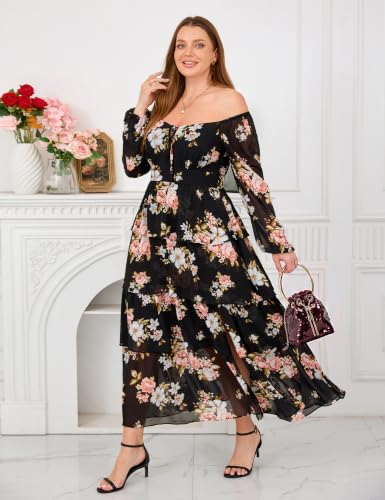 Image of EYWOL Plus Size Long Sleeve Floral Tiered Semi Formal Wedding Guest Dress | Chiffon Maxi, On or Off Shoulder, Flowy A-Line, Side Slit, Elastic Back Waist, Cocktail, Dinner Party, Engagement, Prom, Gala