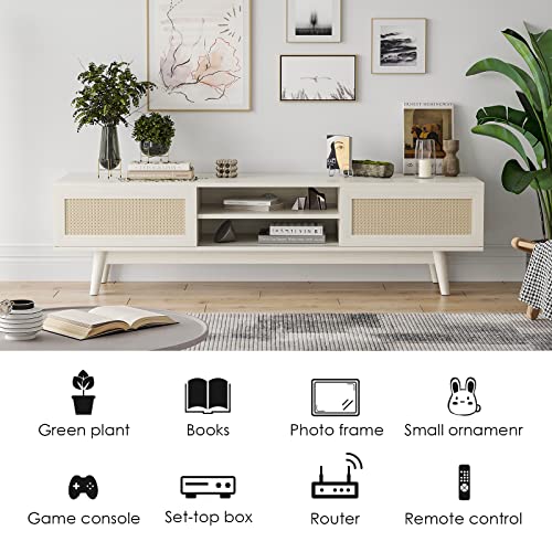 Soohow Wood Bedroom, 65" Farmhouse Unique Boho Wooden Coffee Entertainment Center Living Room Rattan Table, Tv Stand With Storage Media Console,White #TOP5
