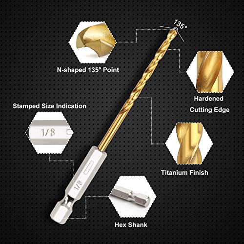 Comoware Titanium Twist Drill Bit Set - 10 Pcs 1/8" Hex Shank High Speed Steel For Wood Plastic Aluminum Alloy, Quick Change #TOP1