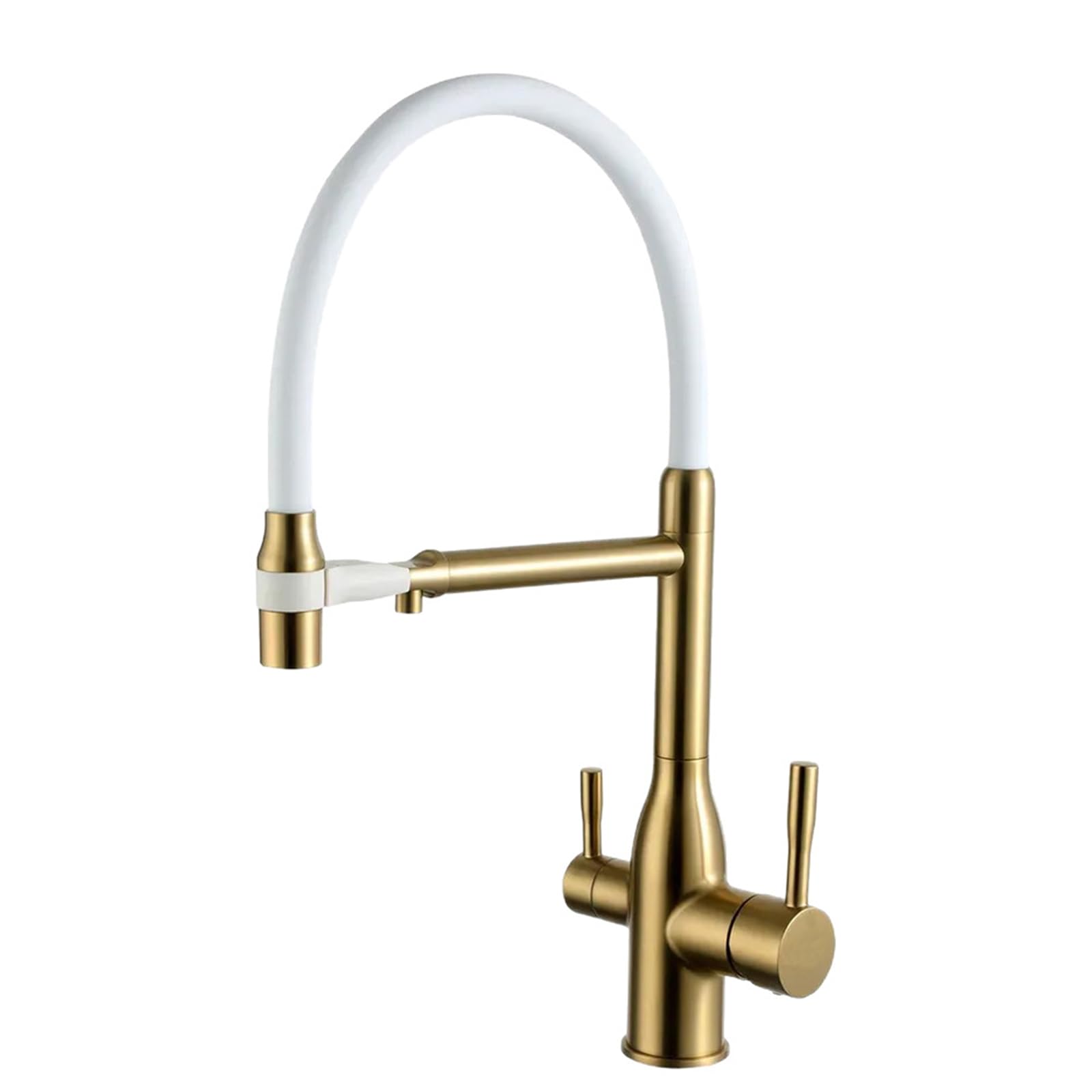 3 Way Kitchen Tap Pull Out Brass Taps Flexible-Brushed Gold + White Tube