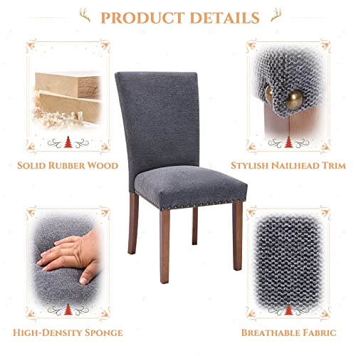 Image of Parsons Dining Chairs Set of 4, Upholstered Nailhead Dining Room Kitchen Side Chair with Thick Cushions and Wood Legs, Dark Grey