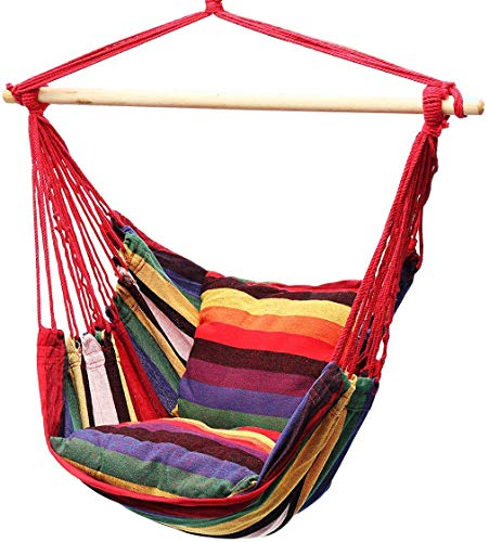 Hammock Chair | Hanging Rope Swing Seat for Indoor & Outdoor | Soft & Durable Cotton Canvas | 2 Cushions Included - Rainbow Stripe