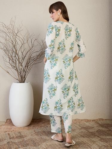 Image of INDO ERA Women's White Pure Cotton Printed Straight Kurta & Pant Set (KS0WH6702)