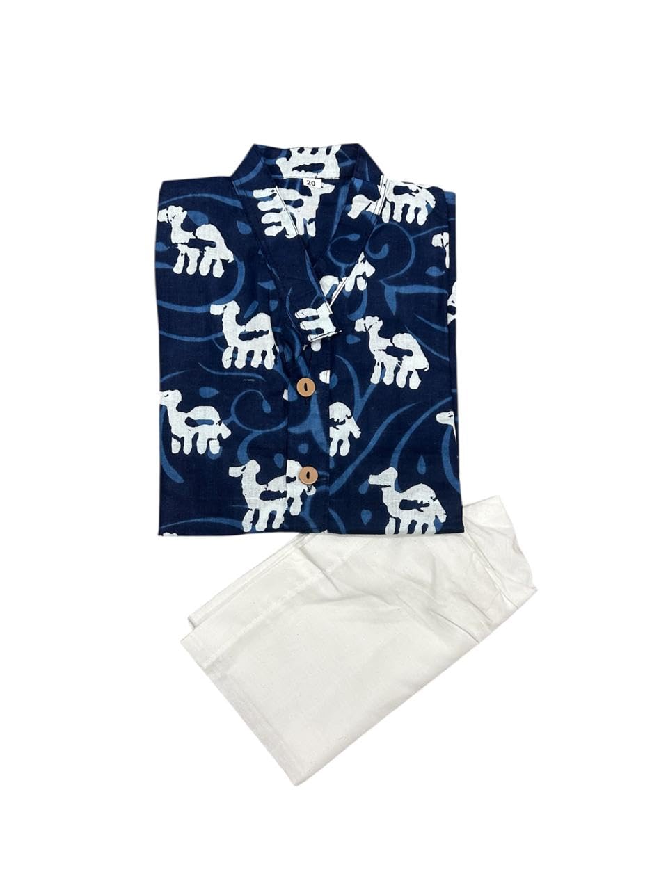 NiAK Boys Traditional Cotton Kurta Pyjama Set, Navy Blue with White Camel Print, 3/4 Sleeve, 2-Piece Ethnic Wear for Kids (4-5 Years) 2