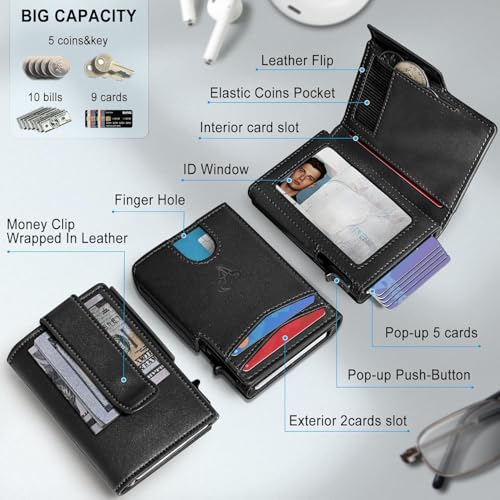 Image of VOGARD Slim RFID Blocking Wallet for Men | Pop-Up Card Holder with Money Clip & Coin Pocket | Magnetic Flip Leather Wallet | Holds 9 Cards, Cash & Keys | Black