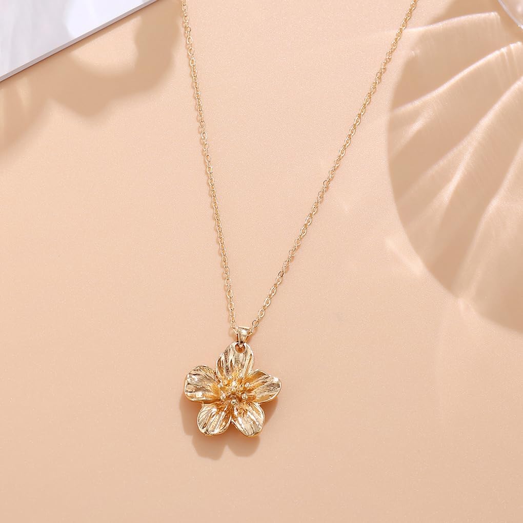 Chunky Gold Flower Necklace for Women Big Floral Statement Necklace Vintage Geometric Petal Pendant Necklaces Aesthetic Flower Jewelry Accessories - Image 5
