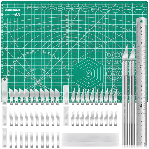 CGBOOM Juego de Alfombrillas de Corte, Base Autorreparable, Alfombrilla de Corte, con 50 Cuchillas y Regla de Acero para Manualidades, Base de Dibujo, Escalpelo de Manualidades (A3)