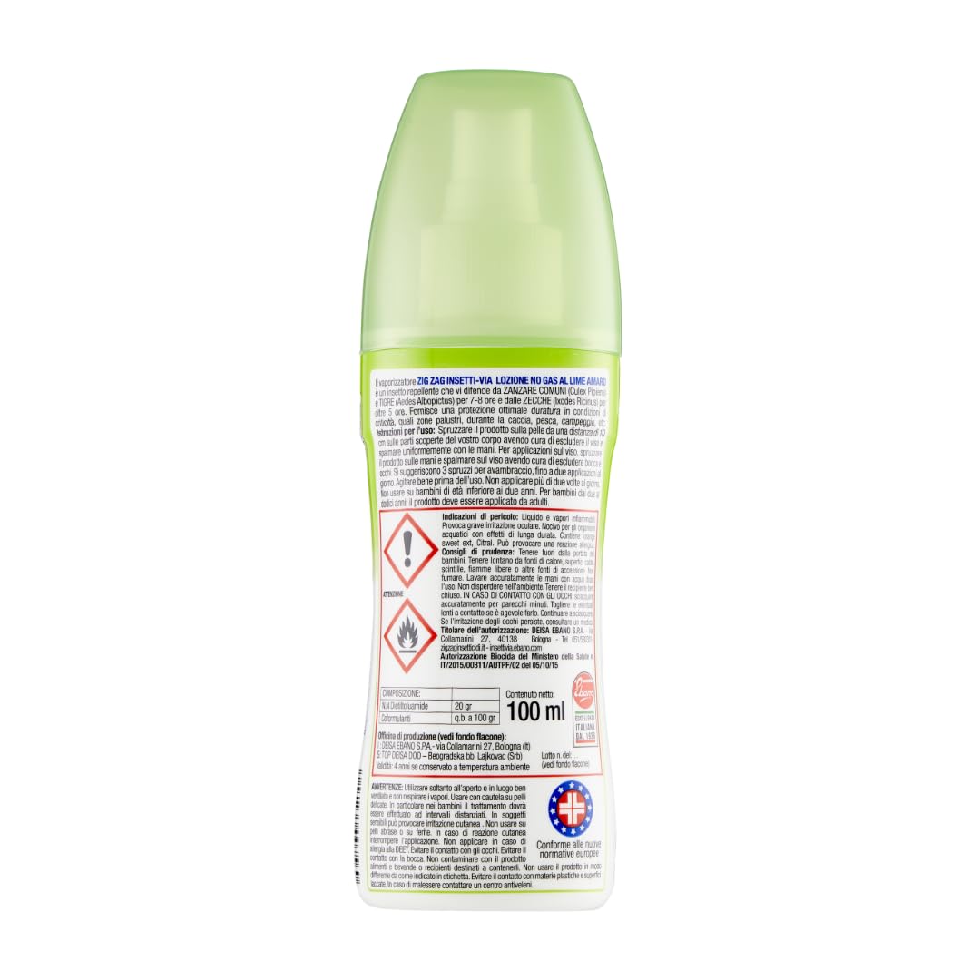ZIG-ZAG lozione antizanzare corpo, Repellente zanzare zecche tafani, Lime amaro, 100 ml