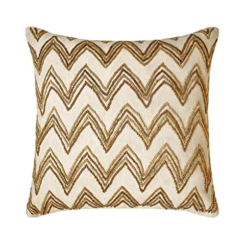 The HomeCentric Decorativo Beige Amortiguar Lino Cojin Cheurón y con Cuentas Cover
