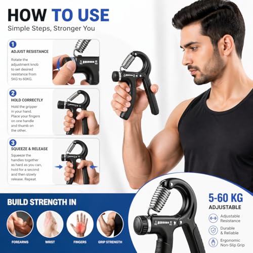 Image of SUREFIT Adjustable Hand Grip Strengthener with Finger Exerciser Combo, Forearm, Wrist & Grip Trainer for Home Gym Workout Equipment for Men & Women (Adjustable- 5-60 Kg)