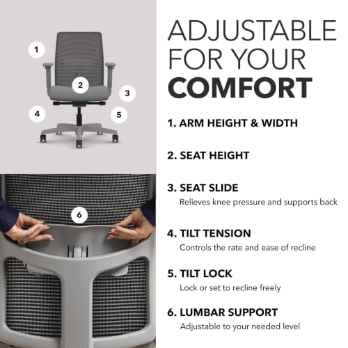 Image of HON Ignition 2.0 Mesh Ergonomic Office Chair, Synchro-Tilt Control with Seat Slider, Home Office Desk Chairs, Adjustable Arms and Lumbar Support, Charcoal Mesh Back, Ash Seat Fabric, Titanium Frame