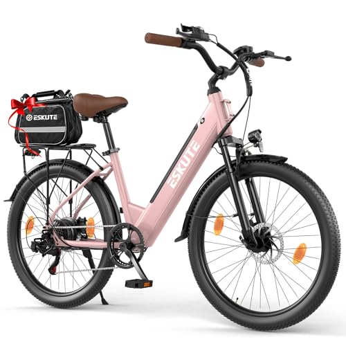ESKUTE C100 Plus E-Bike, 26 Zoll Elektrofahrrad, E-Cityrad 250W HeckMotor, 36V 13Ah Wechselakku, bis zu 100km, LCD-Display, Tiefeinsteiger E-CityBike mit-Fahrradtasche
