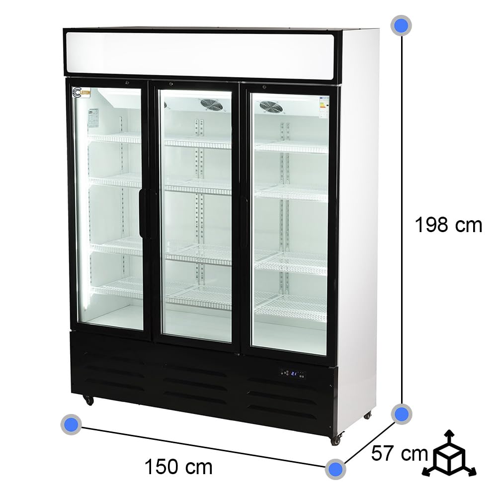 Cleiton® Armario Expositor Refrigerador 3 Puertas de Cristal 900 Litros Doble Cristal Templado Refrigeracion Ventilada Antivaho 1500x570x1980 mm | Vitrina Expositora Refrigerada | Nevera Frio Bebidas