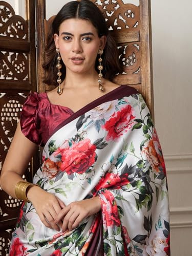 Image of AKHILAM Women's Multicolor Satin Silk Floral Printed Saree With Unstitched Blouse (SATIN1403 RJ11 Parent)