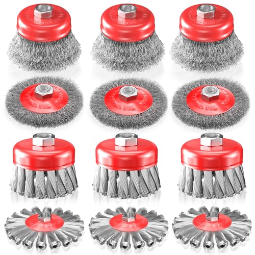 BURMONG 12 PCS Wire Wheel Brush for 4-1/2" Angle Grinder, Carbon Steel Knotted & Crimped Cup/Wheel Brushes (3" & 4"), Heavy Duty Rust, Paint, Corrosion Removal, 5/8"-11 UNC Threaded Arbor