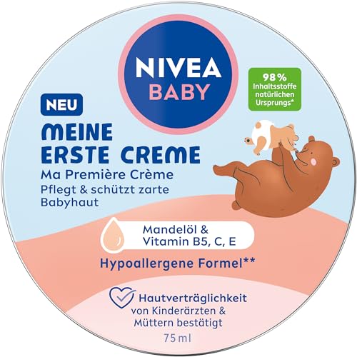 NIVEA Baby My First Crem, crema para la piel vegana e hipoalergénica, crema hidratante para bebés con aceite de almendras y vitaminas, cuidado del bebé sin microplásticos y parabenos (75 ml)