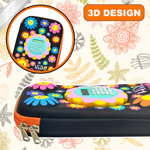 Image of VGRASSP Sunflower Theme Stationery Pencil Case for Kids with Mini Calculator - 3D EVA Zipper Pouch with Multi Storage Compartments - Fun School Stationery Organizer - Multicolor
