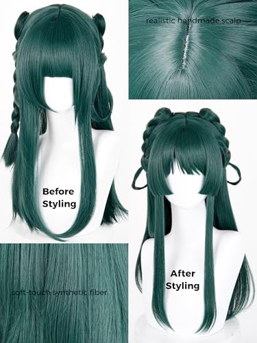 Image of Half and Half Maomao Cosplay Wig + Braid Hair Clips, 22.8'' Long Straight Dark Green Anime Wigs with Bangs for Women Halloween Party Daily