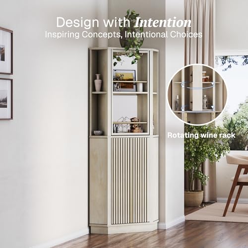 Image of BELLEZE 68 inch Tall Farmhouse Wine Cabinet with Rotating Wine Rack, Corner Bar Cabinet, Modern Home Bar Liquor Storage Cabinet for Dining Room, Living Room & Kitchen - White Sand