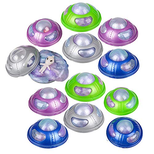 Kicko Rainbow UFO Alien Slime - Pack of 12 Colored, Gooey Slimes with 3 Inch Alien UFO-Shaped Container - Good for Party Favors, Kids, Squishing and Squashing, Stress Reliever