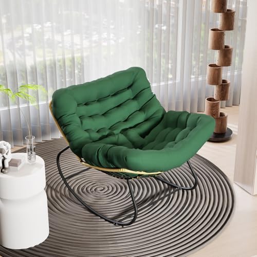 Mecedora Jardin Exterior, salón, Relax, sillón de ratán, Silla Mecedora con Acolchado, soporta hasta 150 kg, para jardín, Dormitorio, salón, balcón (Verde)