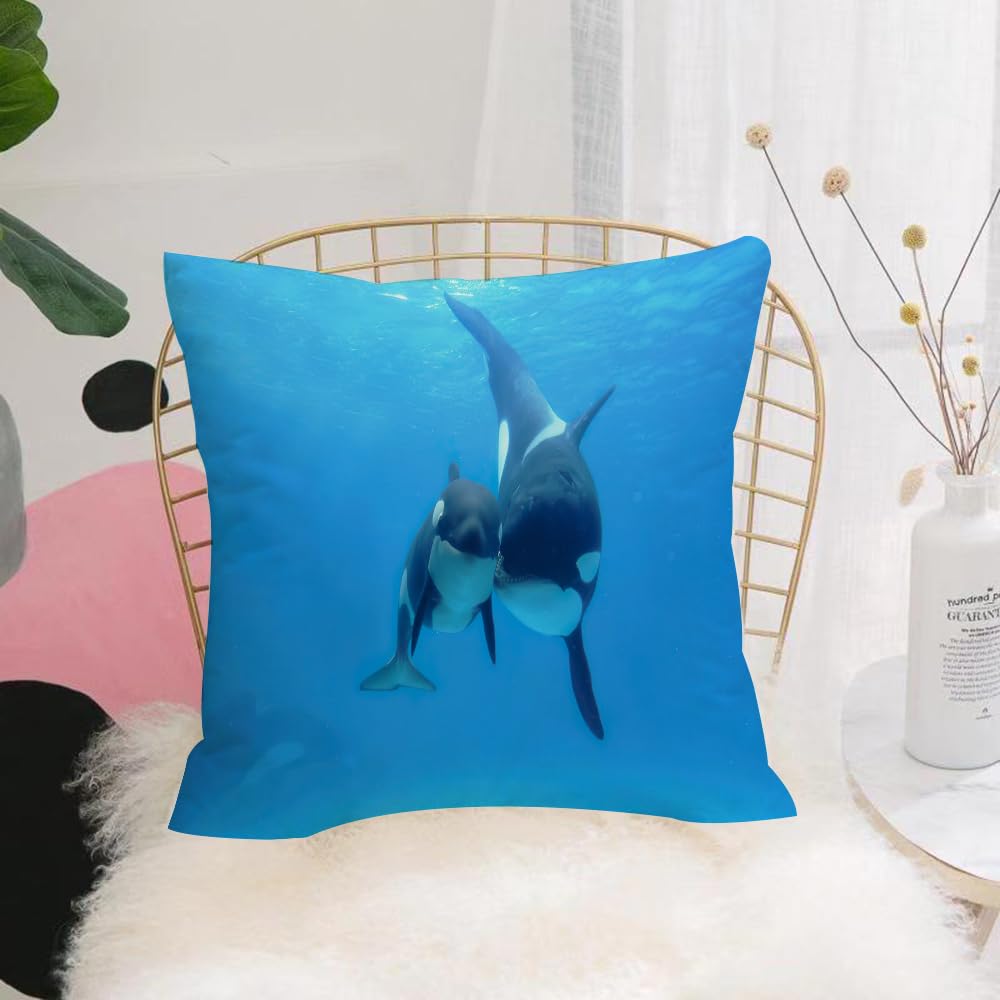 Hyosxw Killer Whales, Killer Whales In The Blue Are - A6 Cushion Cover,Throw Pillow Case Home Decorative For Living Room Bedroom Sofa Chair 18X18 Inch,Killer Whales, Killer Whales In The Blue Area Swim Together With Their Children,Pillowcase 45X45cm