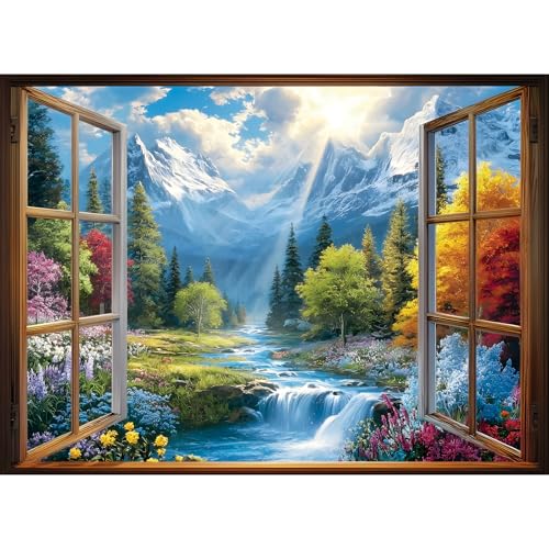 Rompecabezas de 500 Piezas para Adultos, Vista de Ventana con Cascada de Montaña, Escena Natural de Cuatro Estaciones con Picos Nevados y Luz Solar, Diversión Familiar, Decoración para Pared del Hogar miniatura 1