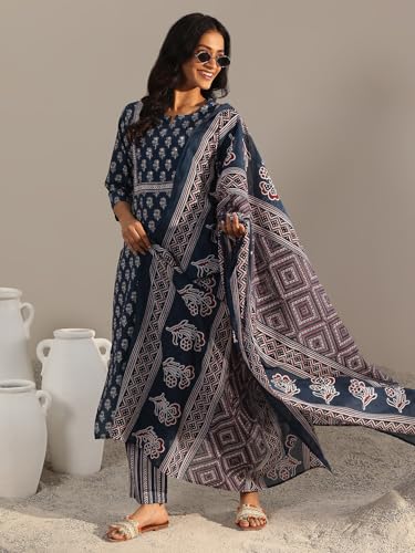 Image of Libas Printed Cotton Straight Kurta with Trouser and Dupatta