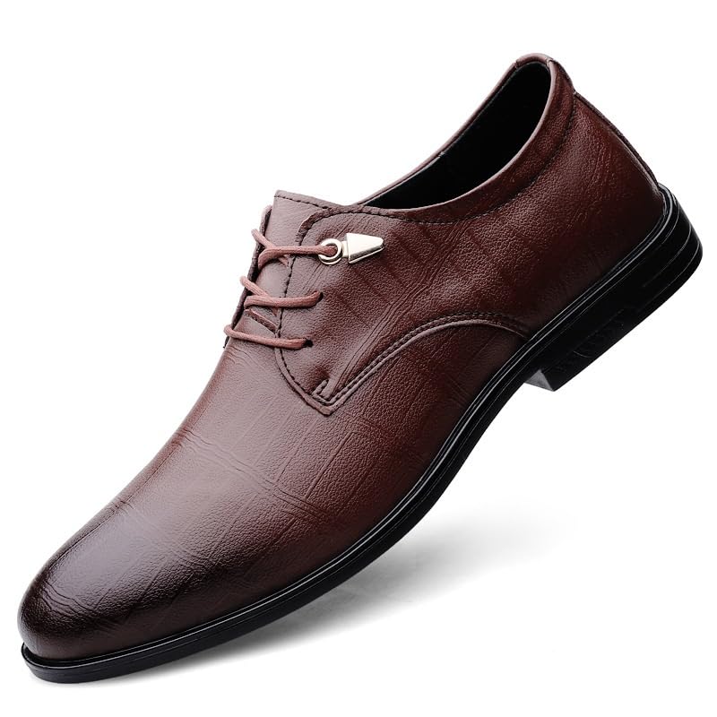 Men's Leather Lace Up Oxford Shoes Retro Pointed Toe Non-Slip Dress Shoes Casual Low Block Heel Business Work Office Penny Loafers Shoes(Brown,6.5)