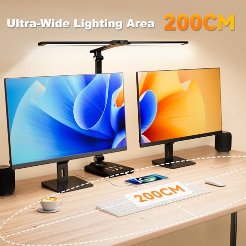 LED Desk Lamp for Office, Height Adjustable Desk Light with Double Head, 5 Color Modes X 10 Brightness Levels Desk Lamp with USB Charging Port for Reading, Study, Work, Crafts, Draw - Image 2