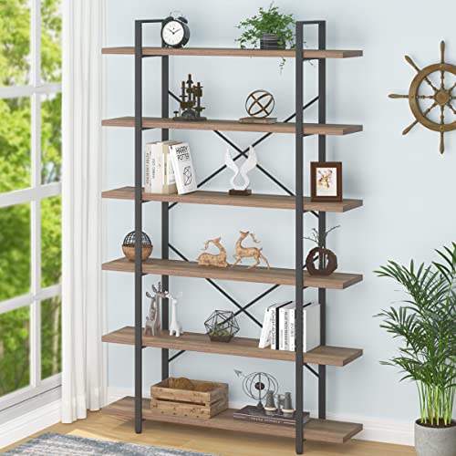 Hsh Tall Bookcases And Book Shelves 6 Shelf, Metal Wooden Book Shelf And Storage Rack, Modern Etagere 6 Tier Bookshelf, Farmhouse Large Display Bookshelves For Bedroom Living Room Office, Rustic Oak #TOP30