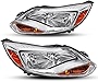 [Halogen Type] Headlights Assembly Compatible wtih Ford Focus 2012 2013 2014, Driver and Passenger Side, Chrome Housing Amber Reflector Clear Lens Headlamp