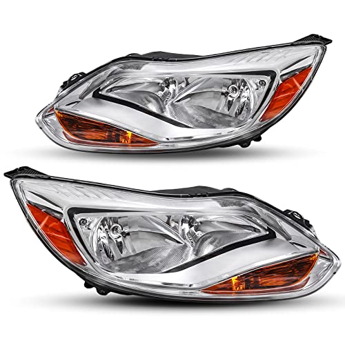 [Halogen Type] Headlights Assembly Compatible wtih Ford Focus 2012 2013 2014, Driver and Passenger Side, Chrome Housing Amber Reflector Clear Lens Headlamp