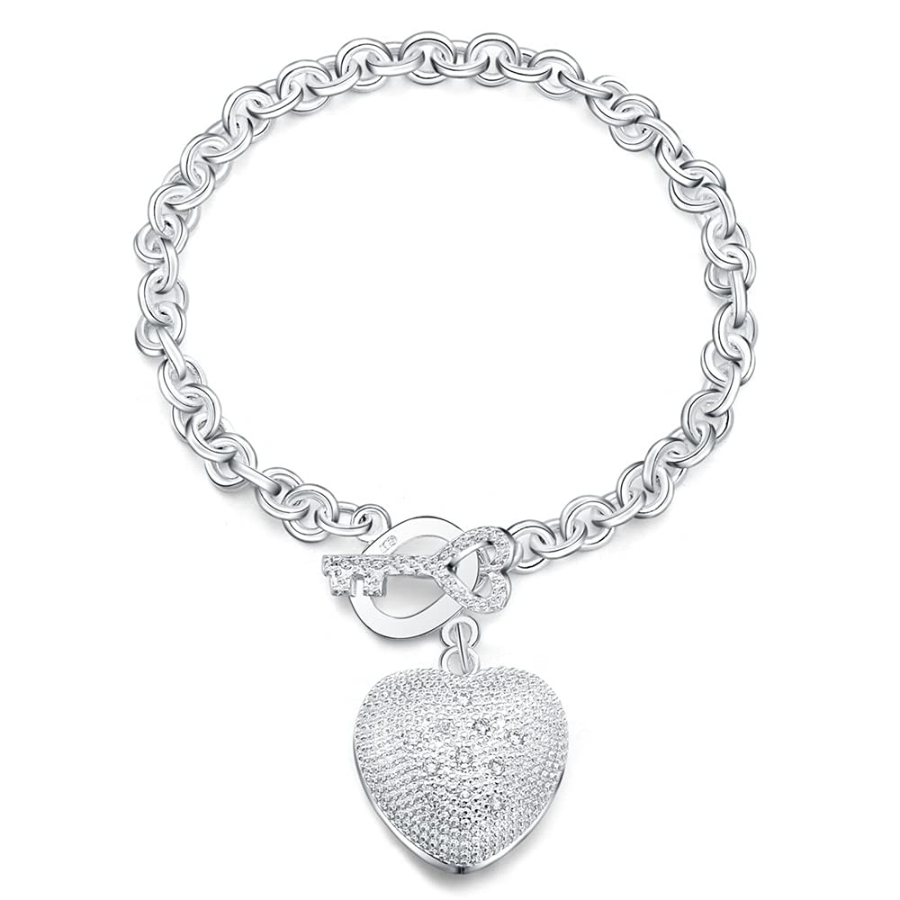 Generic Pulseras de joyería para mujer, Plata de Ley 925 con forma de candado de corazón, cadena con hebilla, brazaletes de fiesta con dijes, joyería