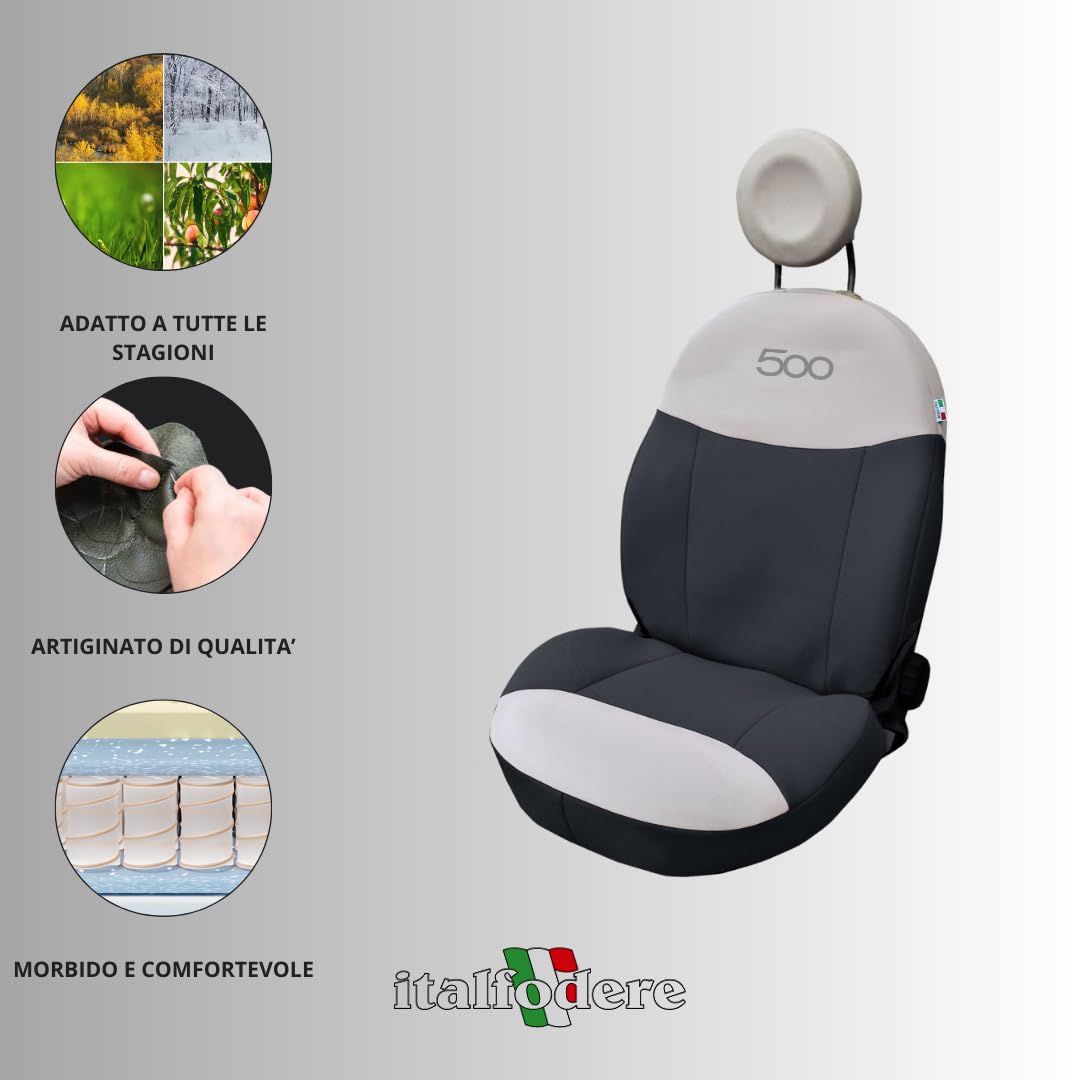 Italfodere - Coppia Coprisedili Auto Anteriori Compatibili con Fiat 500 dal 2007 in poi - Accessori Auto Interni - Cotone Accoppiato - Confortevoli e Resistenti - Made in Italy - Antracite e Panna