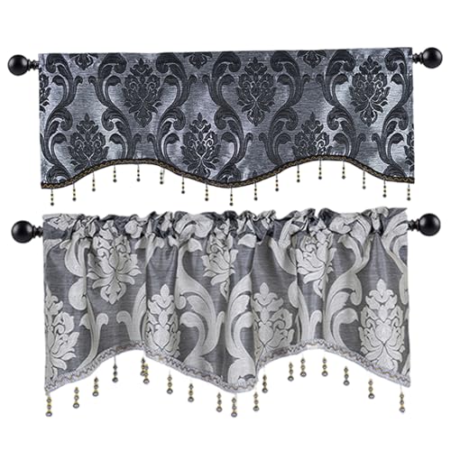 Cenefas festoneadas estilo jacquard gris premium con sofisticadas borlas para salón 6