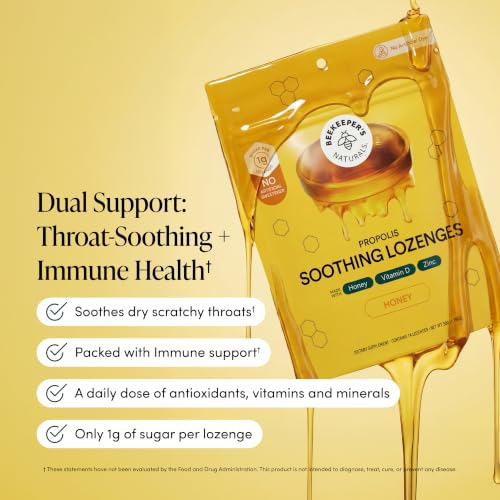 Image of Beekeeper's Naturals Throat Soothing Honey Cough Drops, Zinc + Vit D, 24 Ct | Immune Support with Vitamin D, Zinc and Propolis, Throat Soothing Lozenges