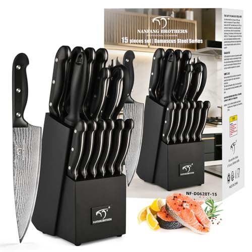 Image of NANFANG BROTHERS 15-Piece Damascus Kitchen Knife Set, 67-Layer VG10 Japanese Steel, Professional Chef & Steak Knife Set with Compact Block, Triple-Riveted Handles (Hand-Wash Only)