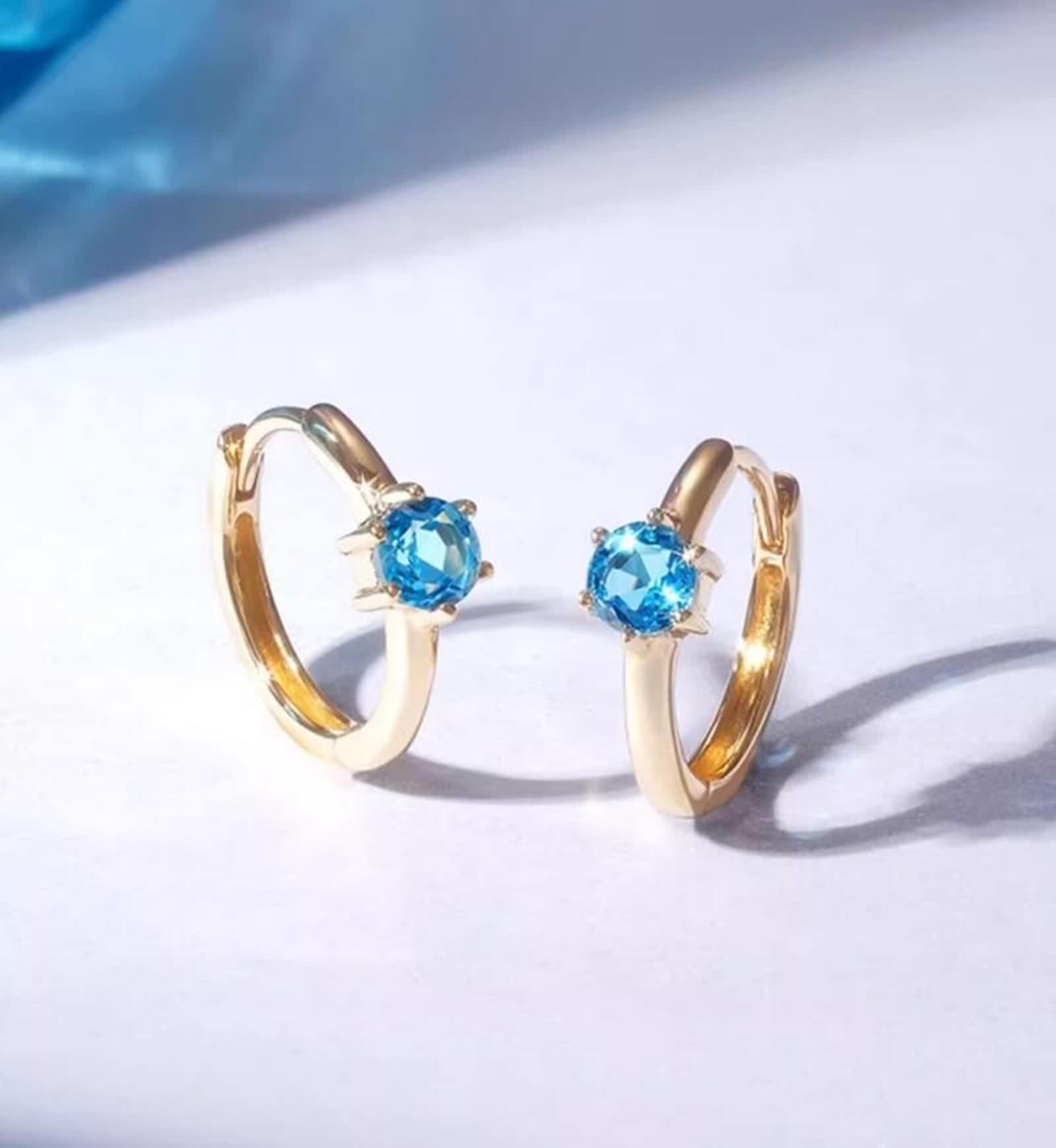 Pendientes de aro pequeños para mujer, pendientes vintage azul topacio 9 K/14 K/18 K oro amarillo