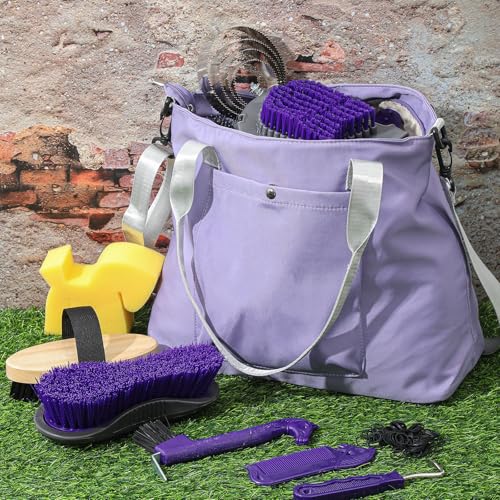 Abbylike 15 Pieces Horse Grooming Kit with Organizer Tote Bag Tack Room Supplies Horse Brush Sets Care Equine Cleaning Kit Shedding Grooming Massaging Tools(Purple and Grey) - Image 4