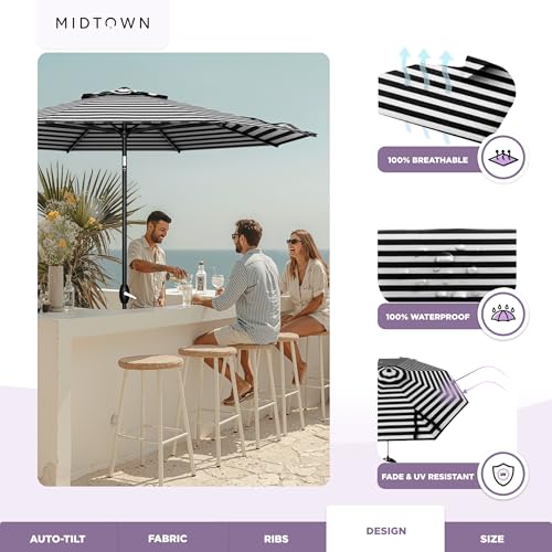 Image of Midtown Umbrellas - The Lean 9 Ft Patio Umbrella with 10-Year-No-Fade Acrylast Acrylic Fabric, Auto-Tilt and 8 Reinforced Ribs for Deck, Pool, Garden, Hotel & Cafes - Urban Stripes Canopy, Black Pole