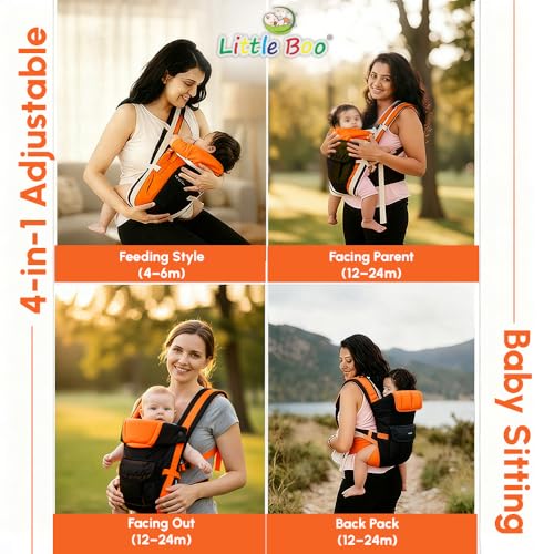 Image of LittleBoo New Born Baby Carrier Bag 4-in-1 Adjustable Baby Sitting Carrier Bag - Front & Back Carry with Head Support, Safety Belt & Buckle Straps for 0-24 Months (Black-Orange)