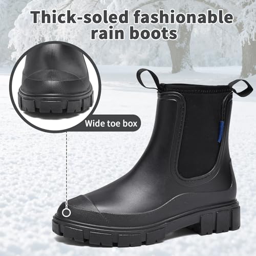 GemChve Gummistiefel Damen Winter, Chelsea Boots Gefüttert Wasserdicht, Gummistiefeletten Halbhohe Gartenschuhe, Rutschsicher Regenschuhe, Abriebfest Komfort Schlupfstiefel Black 38 EU
