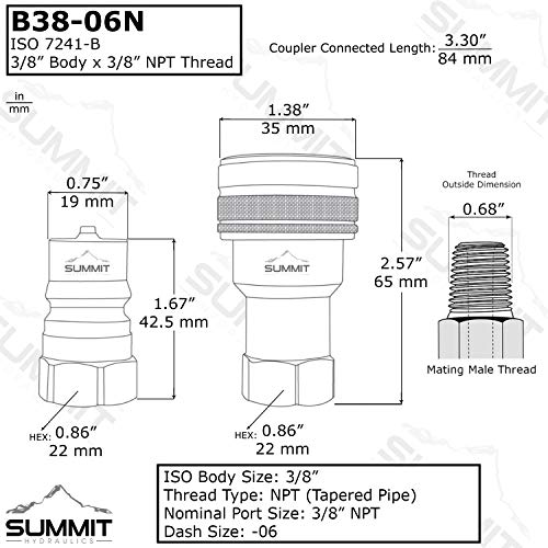 Image of Summit Hydraulics 3 /8 inch NPT ISO 7241-B Quick Disconnect Hydraulic Coupling /Coupler Set (Pack of 2)