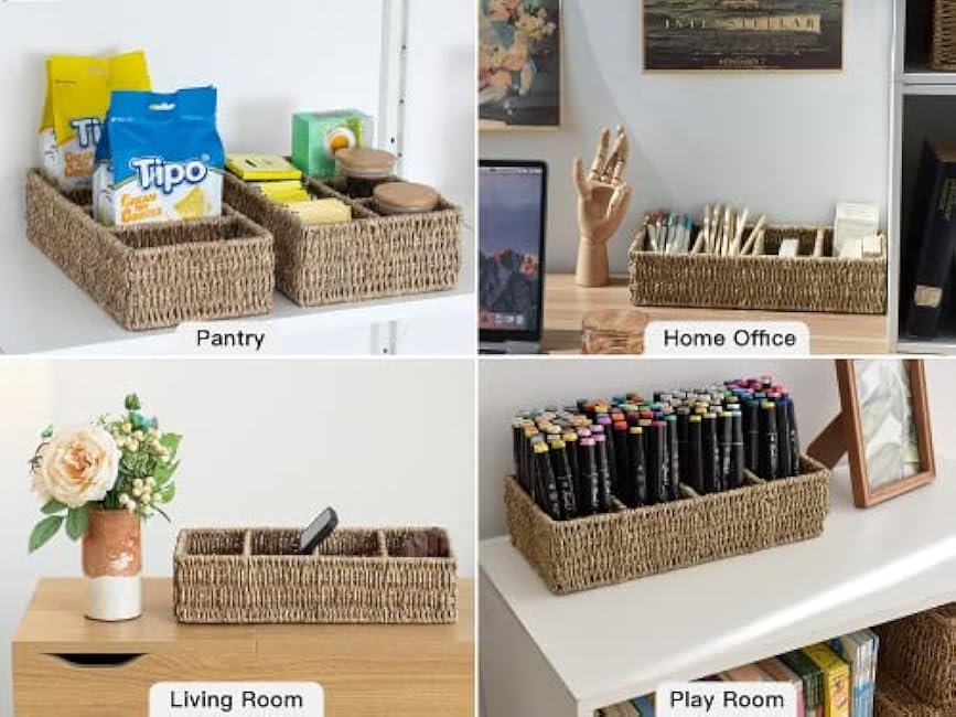 StorageWorks Small Wicker Basket for Organizing with 4-Section, Natural Seagrass Storage Baskets with Dividers for Pantry Shelves, 2-Pack