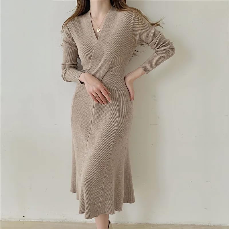 Vestido de punto delgado con cuello en V para mujer, manga larga, negocios, casual, otoño, vestidos